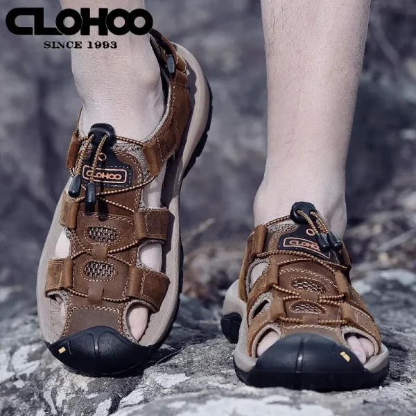 Fashion Men Genuine Leather Shoes 2025 Summer Non Slip Outdoor Water Walking Hiking Trekking Shoes Comfortable Casual Sneakers - Image 2